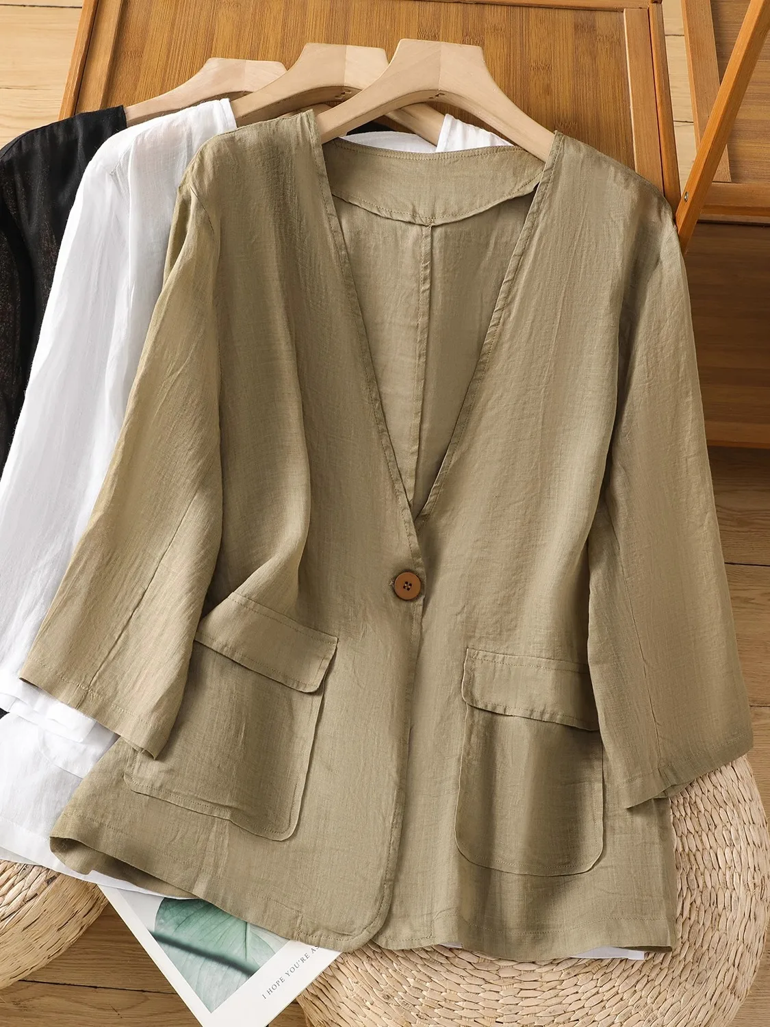 

Retro Linen Suit Jaet Women's Loose Casual V-ne Seven-quarter Sve Thin Cotton Linen Western Sle Top