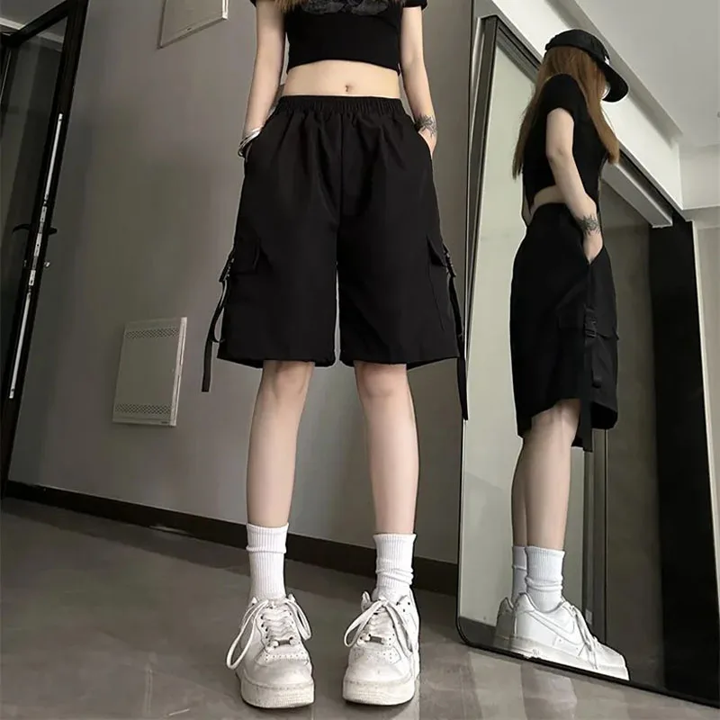 Streetwear Spodenki Cargo z szerokimi nogawkami Kobiety Y2K Lato Wysoka talia Hip Hop Luźne krótkie spodenki Bf Amerykańskie workowate kieszenie Spodenki codzienne