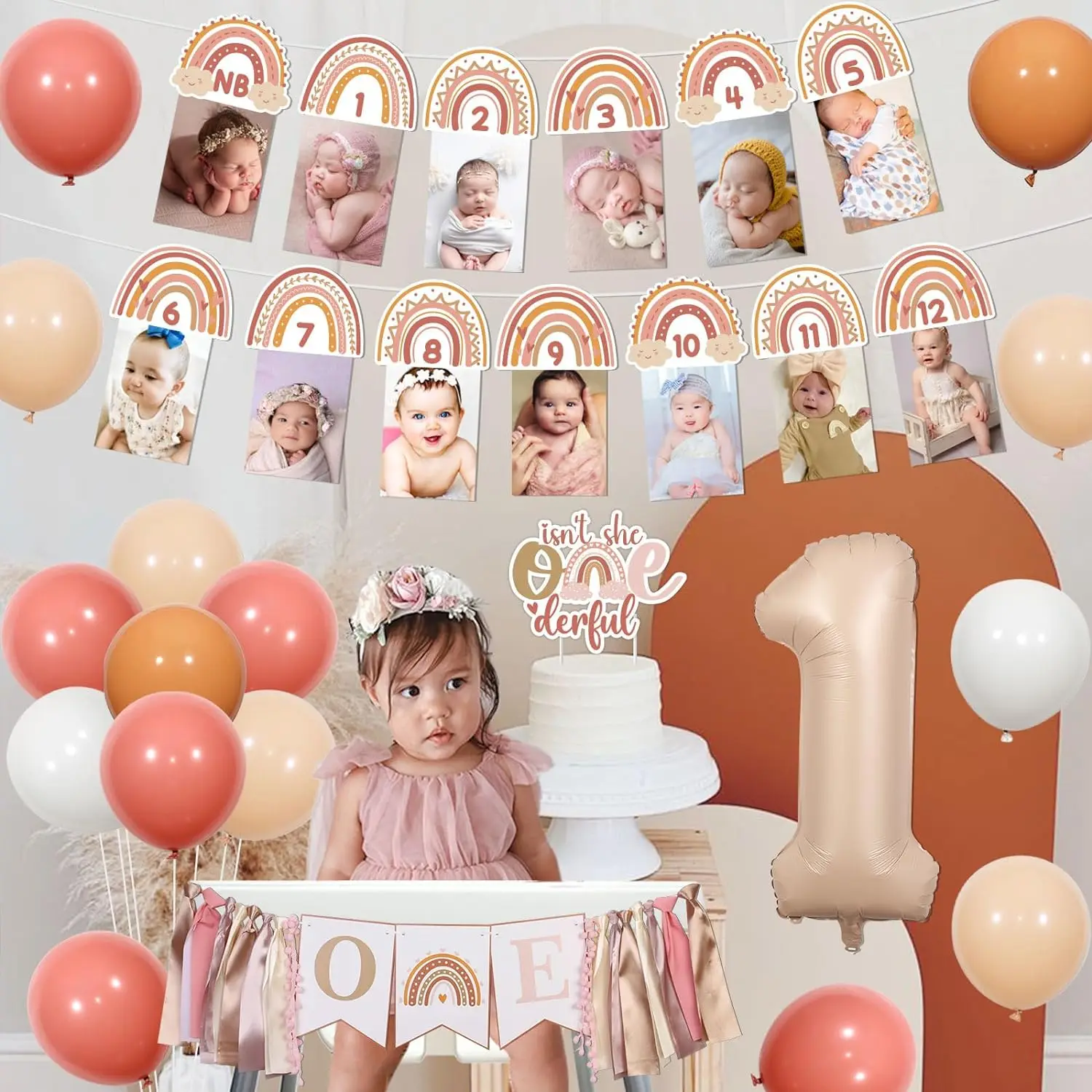 Imagem -03 - Boho Rainbow 1st Birthday Decor Balão de Pano de Fundo Kit Garland Arch Photo Banner é Adorável Ela Não é Maravilhosa