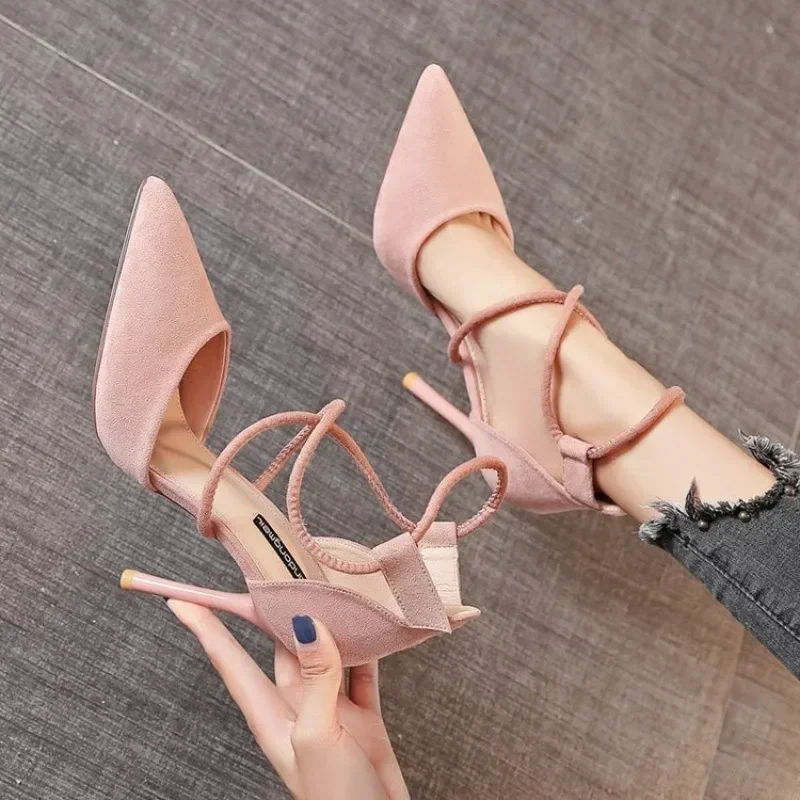 

2025 New Cross-strap Roman Sandals Suede High Heels Women's Shoes One-line Buckle Fine Heel Pointed Sandals