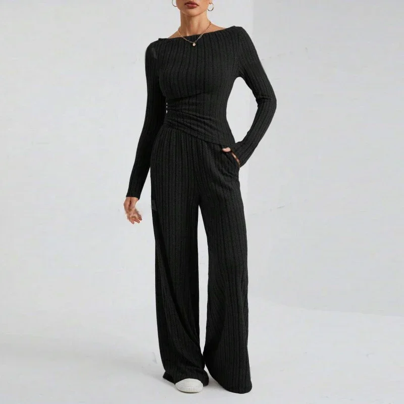 Langarm Top + Elastische Taille Hosen Sport Freizeit 2-stück Sets Herbst frauen Casual Set Einfarbig Sexy Off schulter Abnehmen