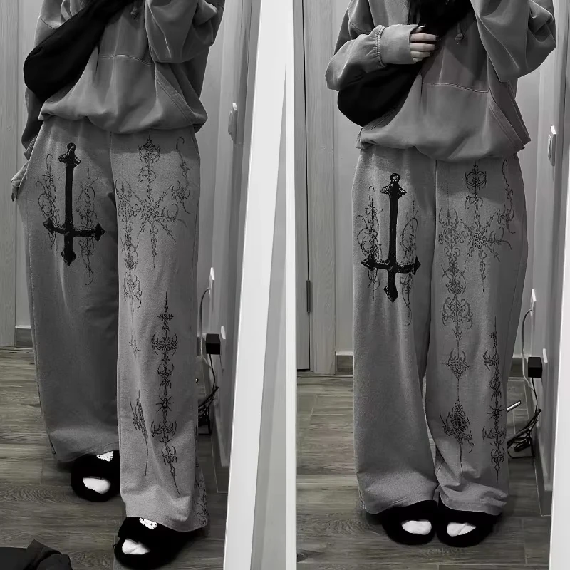 Retro Gothic Cross Print Wide Leg Sweatpants Men's/Kids Harajuku Y2K Fashion Striped Casual Sports Pants American High Street St