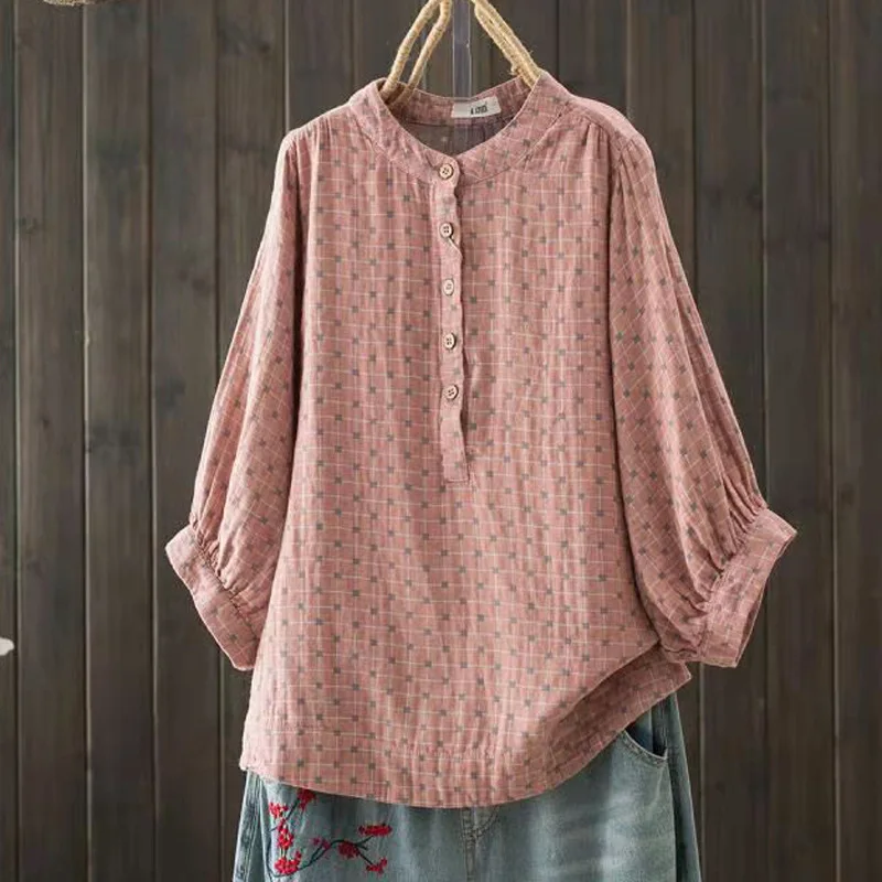 New Spring Cotton Yarn Retro Shirt Women Stand Collar Printed Blouse Girl Half Sleeve Casual Fashion Top 2024 Summer T453121QM