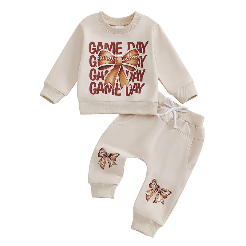 Infant Toddler Girls Fall Outfits Bow Letter Pattern Long Sleeve Crew Neck Sweatshirts with Pants 2 Pcs Set