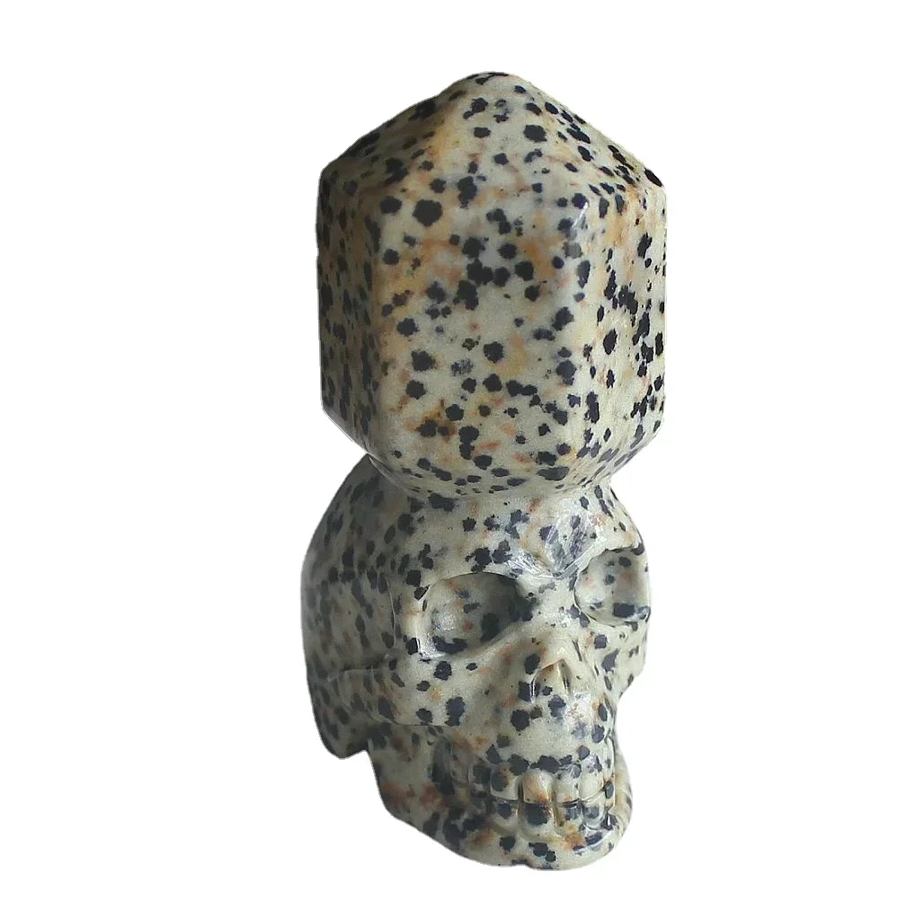 Hand Carved gemstone crystal Dalmation Jasper Hexagonal Point Wand Skull Figurine statue office home decor