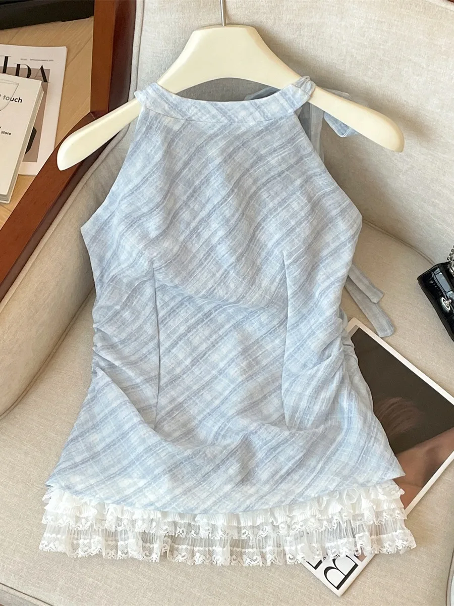 Blauw Kant Splice Geplooide Svel irt Dames Zomer Nieuwe Sle Super Witte Polka Dot Chiffon Top Faionable En Ele