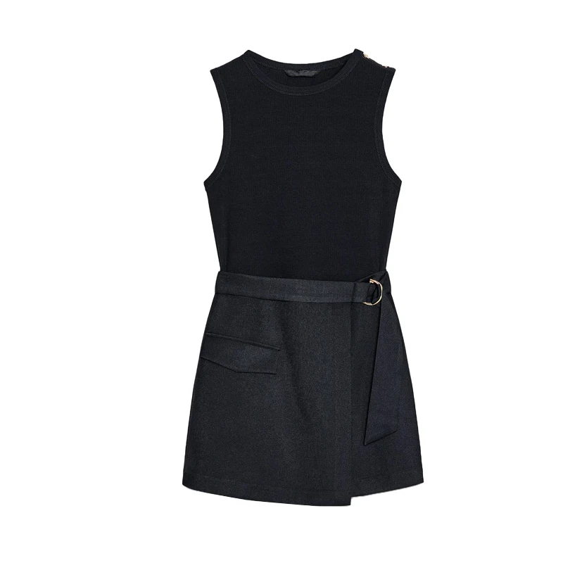 Spring New Women's American Workwear Sle round Ne Svel Belted Patchwork Jumpsuit High Waist A-Line Skirt ort Dr