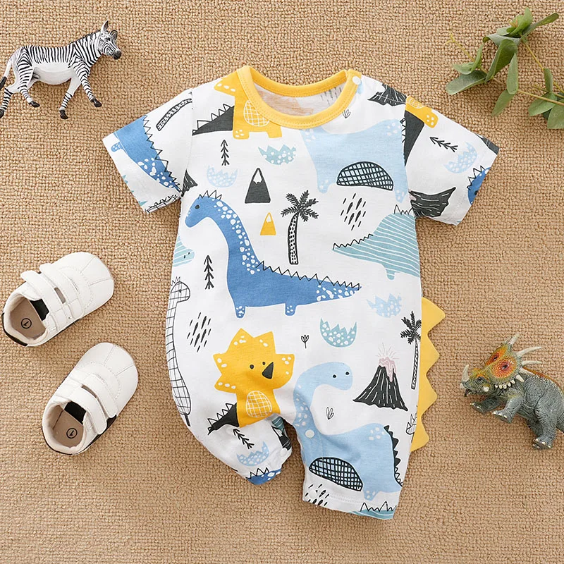 Summer Boys And Girls Cute Cartoon Dinosaur 3d Printed Cotton Comfortable Short Sleeve Bodysuit