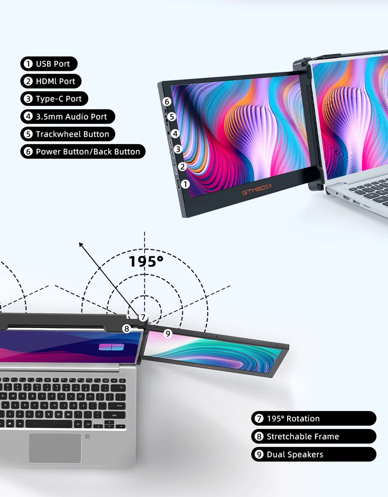 GTMEDIA-Mate X Monitor Portátil, Dual Extender Screen, 11.6 ", USB C, HDMI, Multi-sistema, Compatível para Laptop, Telefone, ect