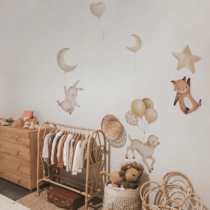 Stickers muraux de dessin animé nordique pour chambre d'enfant, mouton, renard, lapin, ballon, nuage, décalcomanies pour pépinière, décoration murale, perfect Home Decor