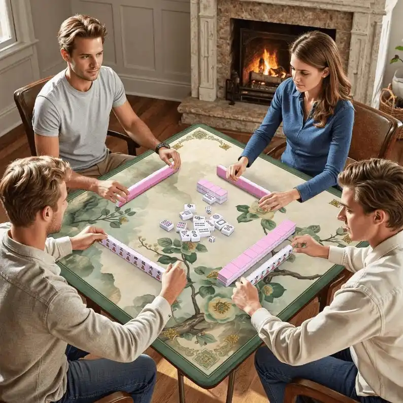 Ink Wash Camellia Chinese Style Mahjong Mat Non Slip Noise Reduction Washable Multi-use Square Pad For Mahjong Card Dice Game