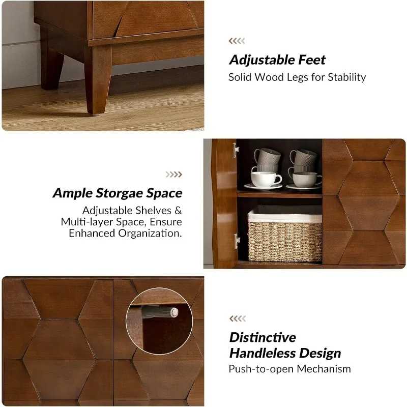 ตู้บุฟเฟ่ต์ไซด์บอร์ด Mid Century พร้อมขาไม้เนื้อแข็ง ตู้เก็บของในครัว 60 นิ้ว Credenza 4 ประตูและ 2 วินาที