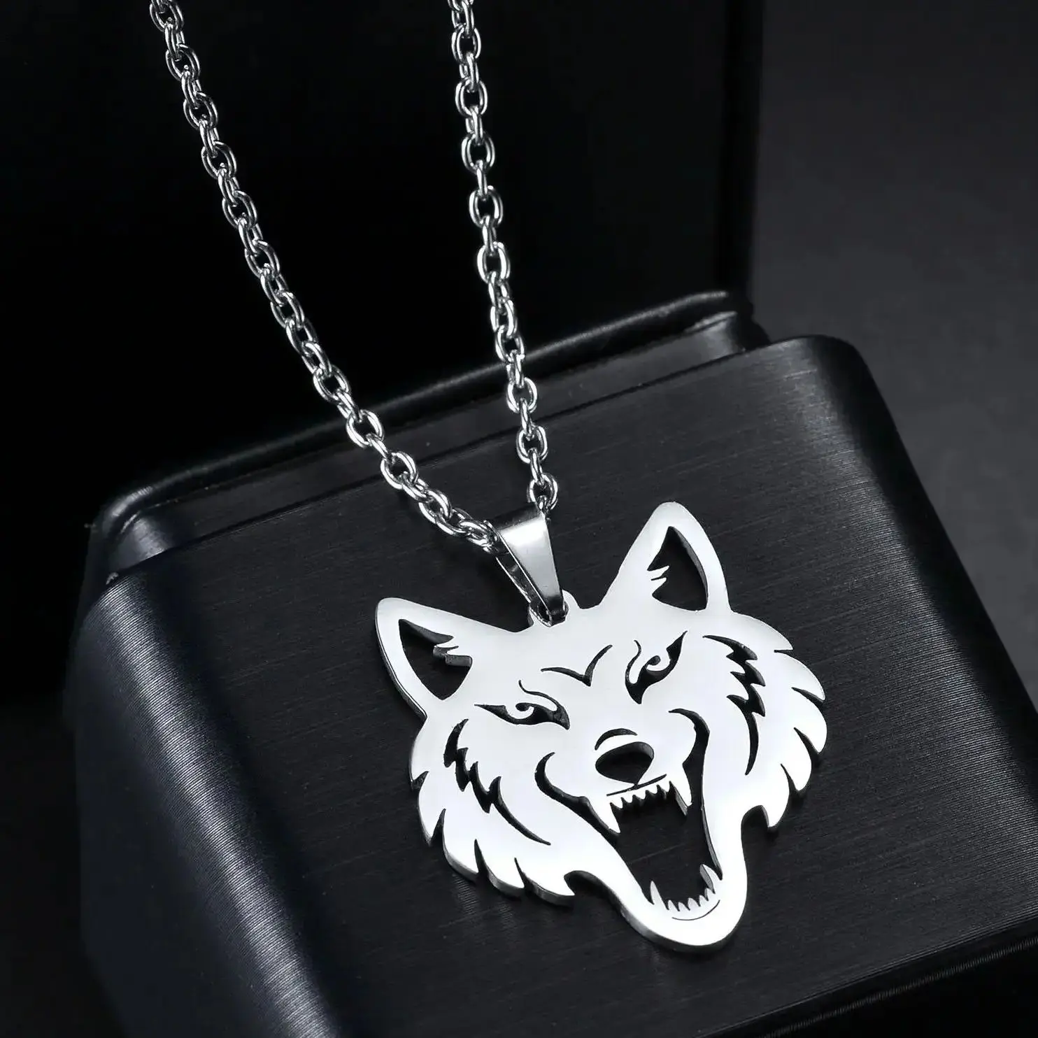 MeMolissa New Trendy Stainless Steel Necklace Charms Ferocious Wolf Head Pendant Animal Necklaces For Men Women Jewelry Gift