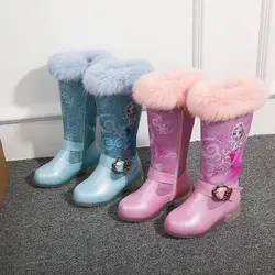 Botas de salto alto brilhantes para meninas da Disney, congelado, princesa Elsa, luxuoso, quente, pele, neve, rosa, azul, sapatos para crianças, meninas, tamanho 25-3