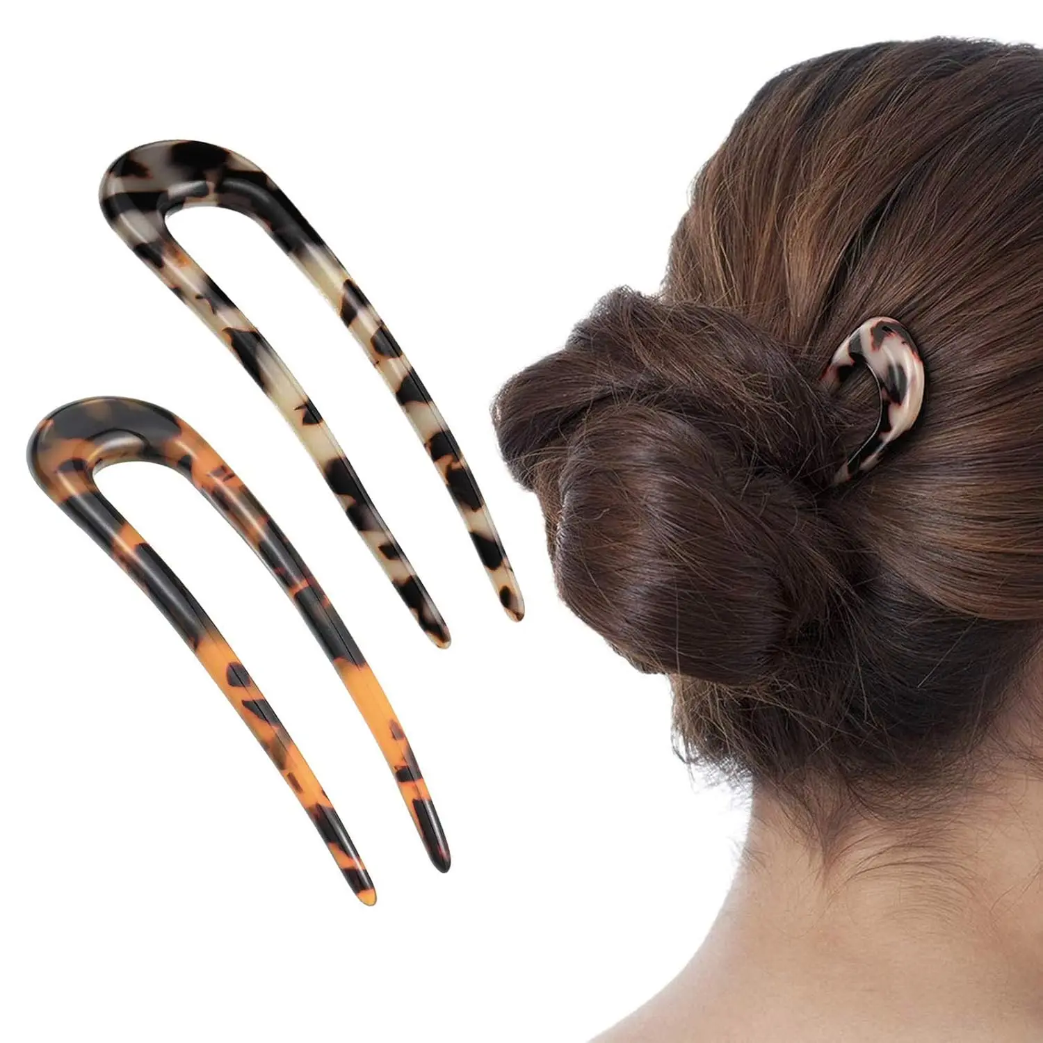 

2 Pack U Shaped Hair Pins Tortoise Shell Cellulose Acetate French Style 4.7 Inch Updo Fork for Women Girls Hairstyle Accessories