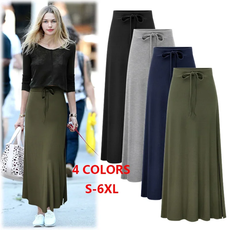 

Summer Autumn Long Skirt High Waist S - 6XL 3XL 4XL 5XL Casual Solid Ankle Length Empire Cotton Black