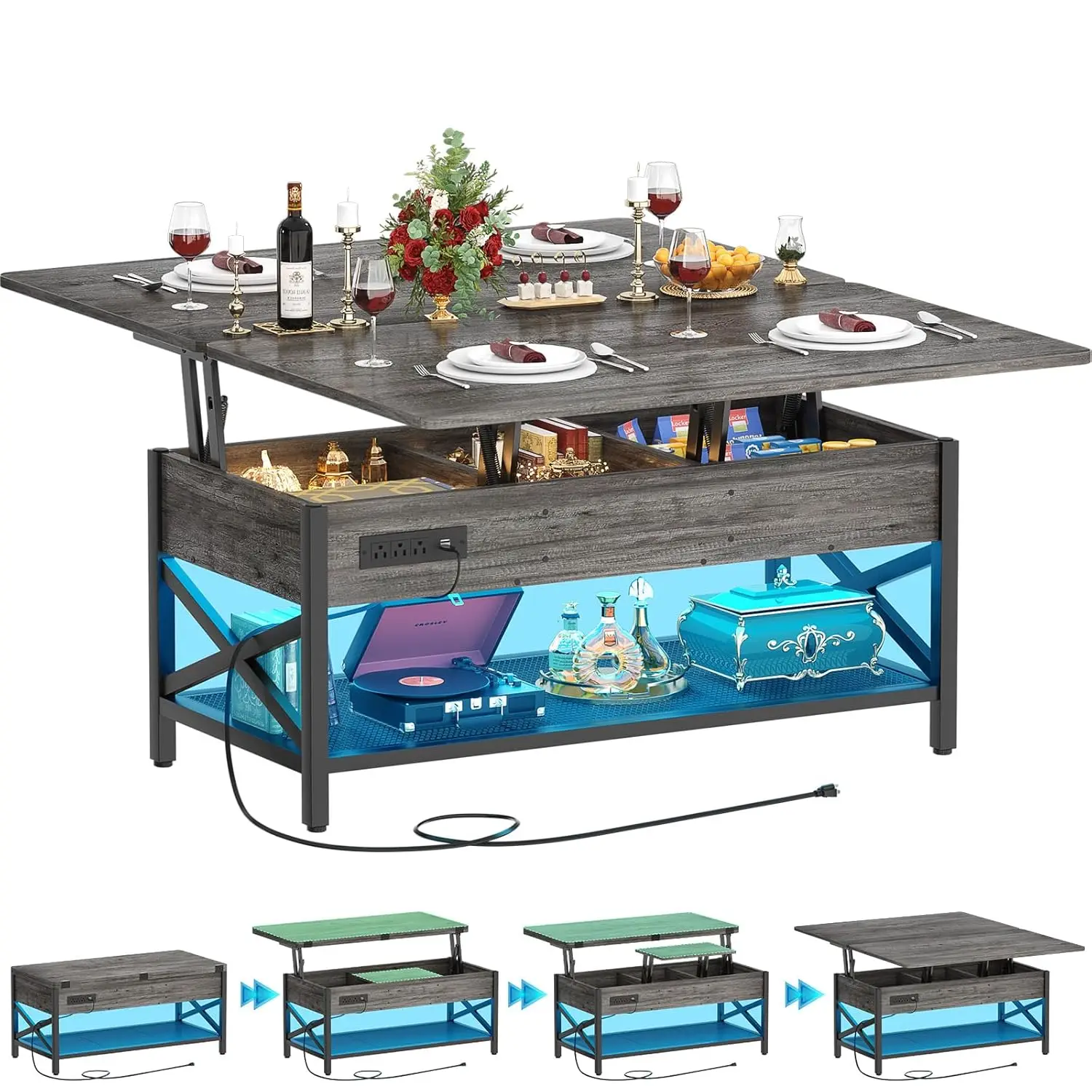 طاولة القهوة ذات الرفع العلوي متعددة الوظائف تتحول إلى طاولة الطعام، مع ضوء LED ومخرج طاقة، وطاولة مركزية مع S