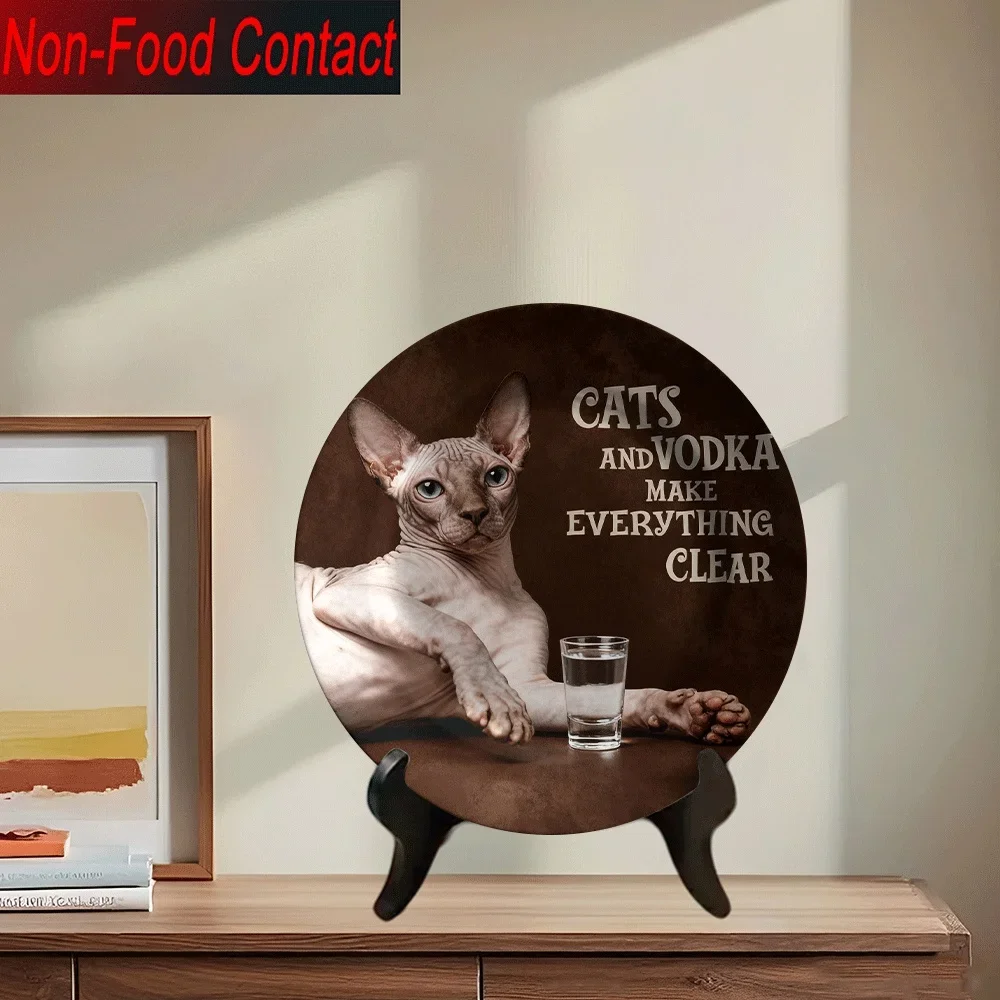 1pc Sphinx & Vodka Ceramic Decorative Plate - Non-Food Contact Tabletop Art, Classic Round Home Decor for Living Room, Bedroom,