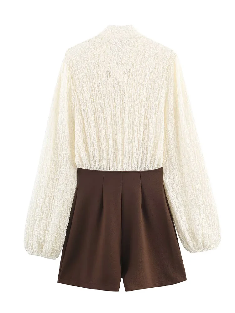 

HH Women Elegant Round Collar Long Sleeves Splice Bow Decoration Street Jumpsuit Woman Casual Sexy Resilience Short Jumpsuit