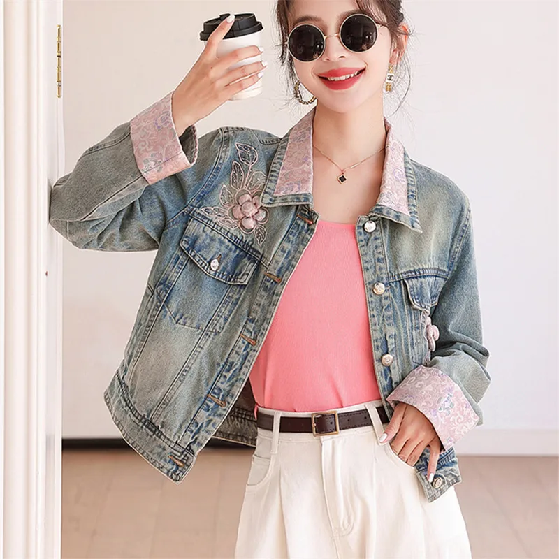 Lente Dames Blauwe Korte Jeansjas Vintage Contrastkleur Revers Lange Mouw Single-breasted Vrouwelijke Denim Jas Streetwear