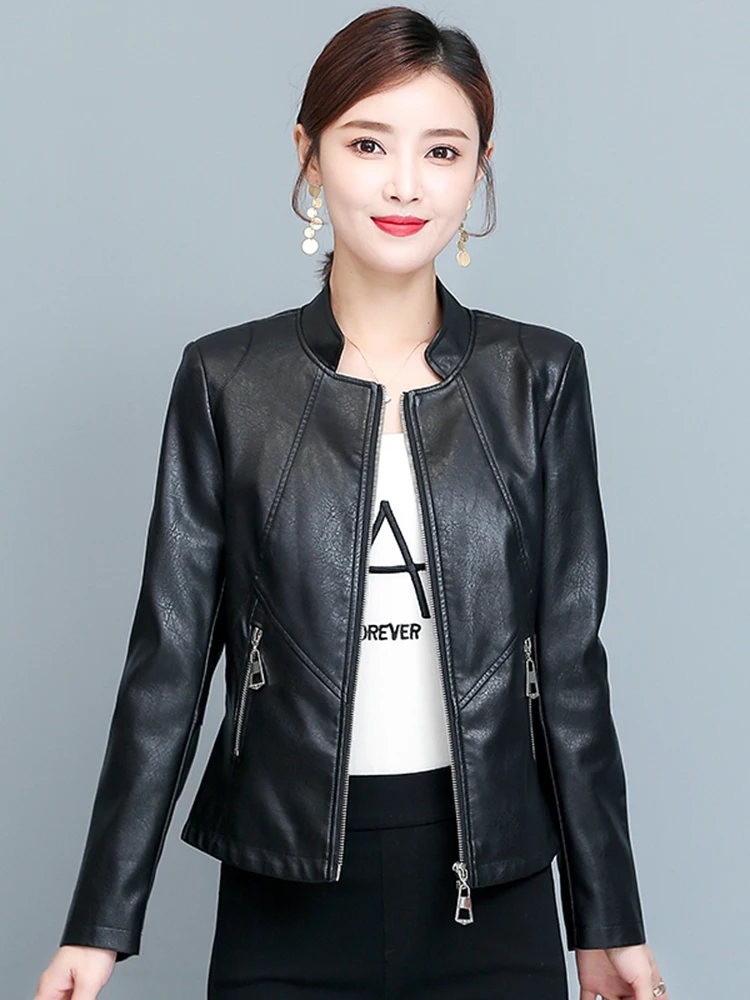 2025 신상 여성용 가죽 자켓 패셔너블 슬림핏 스탠드 칼라 양가죽 바이커 베스트 코트 지퍼 클로저 롱 슬...