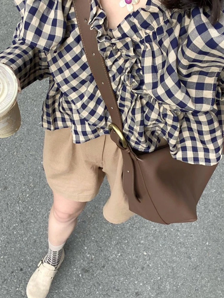 Plaid Blouses Women Ruffles Lovely Schoolgirls Elegant Creativity New Personality All-match Daily Simple Korean Style Leisure