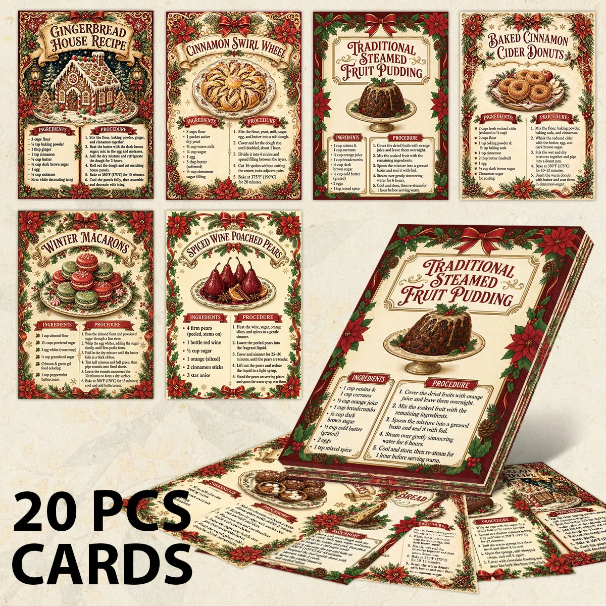 Home Decor Exchange - 20pcs Vintage Christmas Dessert Recipe Cards,For