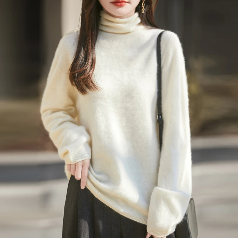 

Женский пуловер из 100% мериносовой шерсти с высоким воротом для весны, осени и зимы, повседневный кашемировый трикотажный свитер, базовая одежда, топ