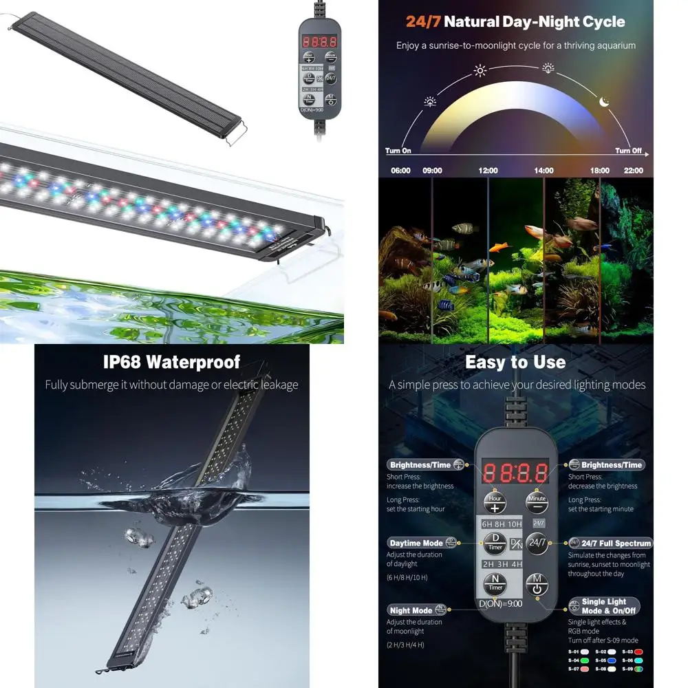 

24/7 Full Spectrum Waterproof LED Light for 36-48 Aquarium Tanks with Adjustable Brightness and Single Color Effects Timer