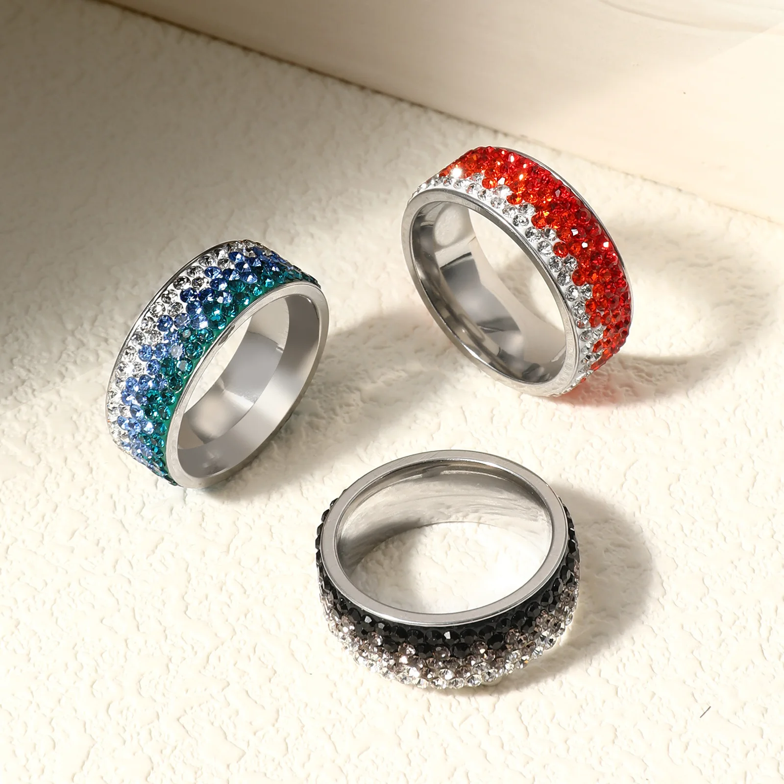 

10 pcs Trend Design Gradient Multi-Color Diamond Ring Stainless Steel Fashion Women's Wedding Ring with Matching Accessories