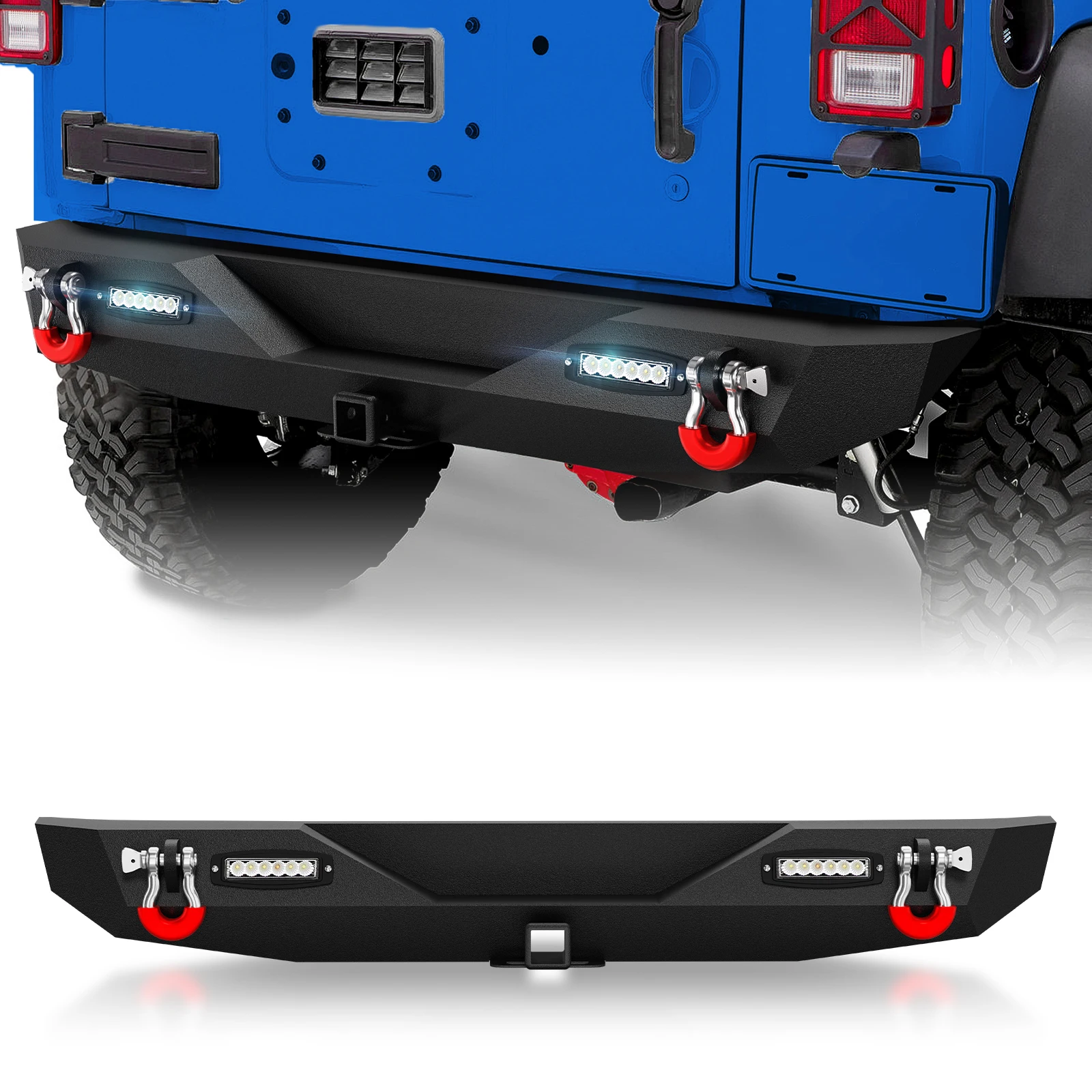 

Rear Bumper With 2" Hitch Receiver + D-Rings + LED Lights For 2007-2018 Jeep Wrangler JK JKU Unlimited Off-Road