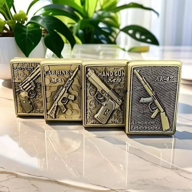 2026 New Metal Kerosiene Windproof Lighter Grinding Wheel Gun Type Three-dimensional Relief Series Cheap Lighter Wholesale