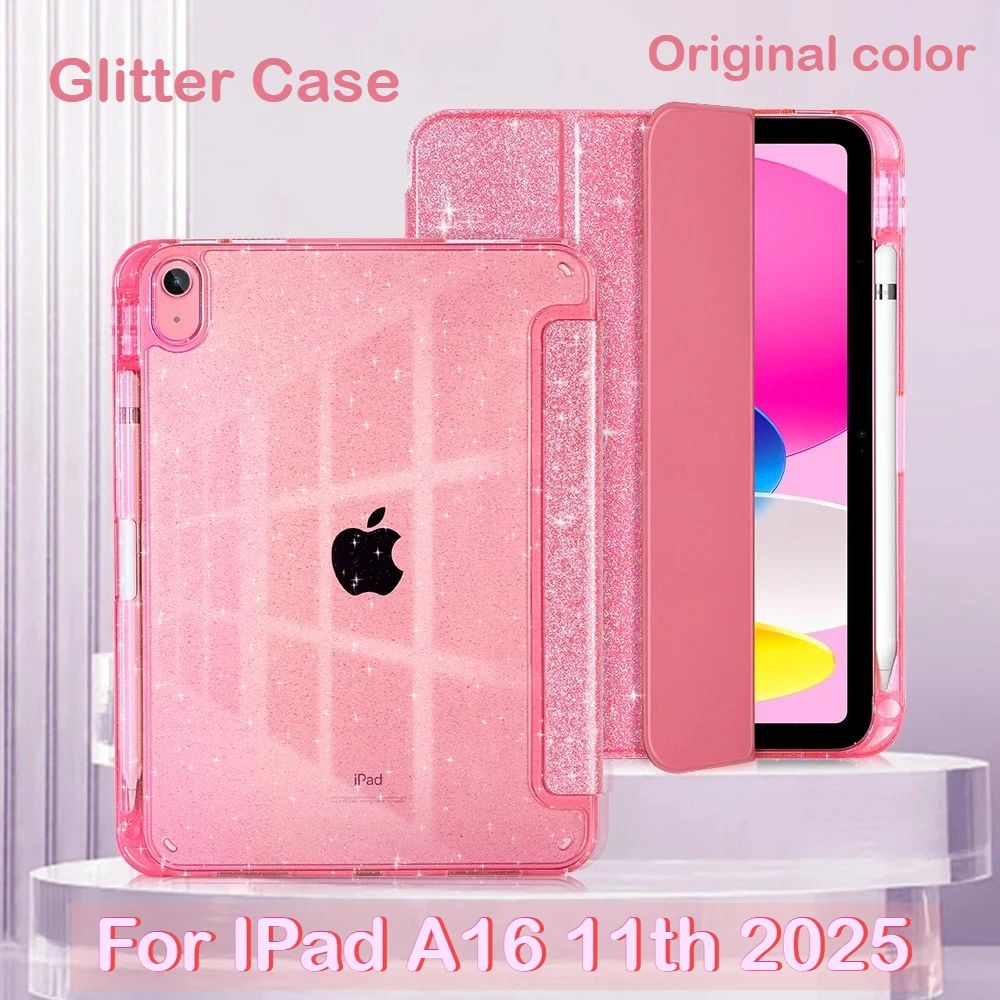 

With Pencil Holder Smart Tablet Case for IPad A16 2025 10th Generation 10.9 " Glittering Leather Folding Stand Shockproof Cover