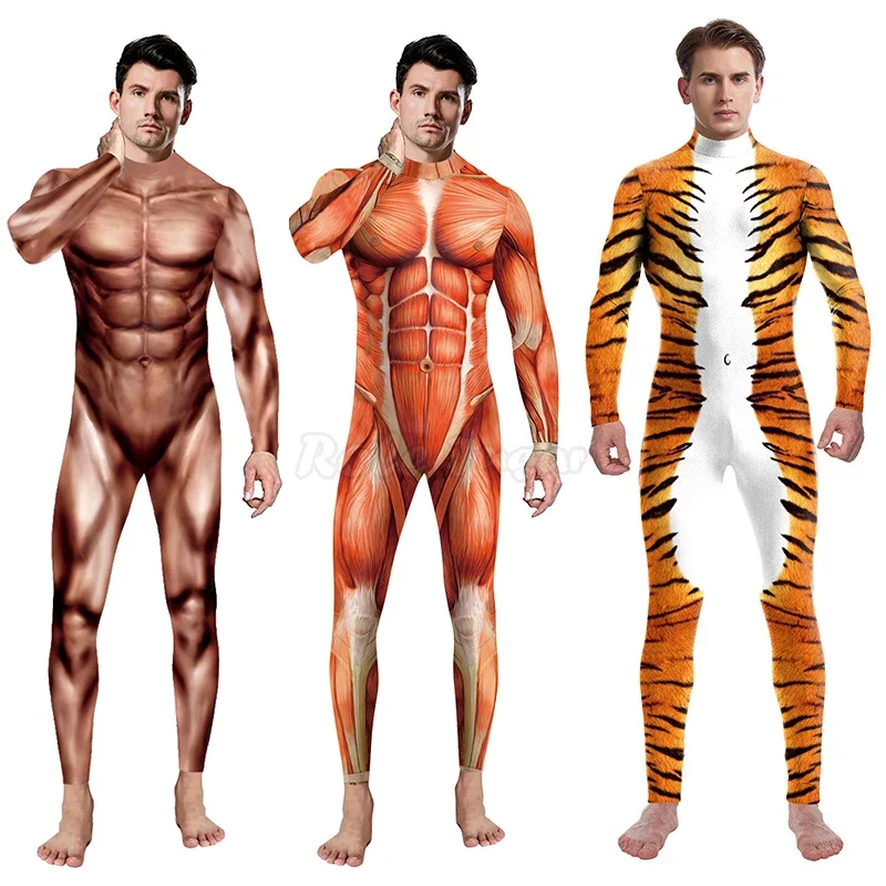 Sexy Men Women Halloween Costumes Animal Party Zentai Catsuit Suit Tiger Snake 3D Print Muscle Cosplay Bodysuit Jumpsuits OI5305