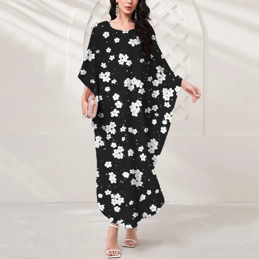 2024 New Dubai Muslim Islamic Elegant Dress Feminine Ethos Leaf Print Muslim Party Dress Summer Bat-Sleeved Gilbab Loose Robe