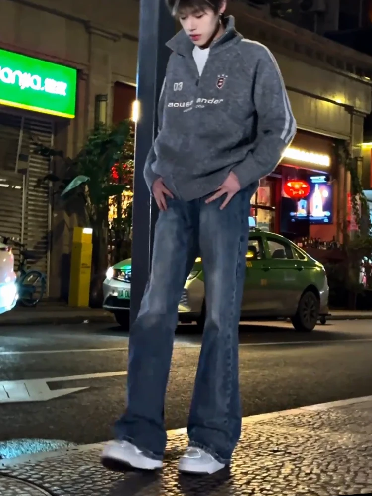 

Мужские джинсы Waed Blue с высокой талией, прямые, с легким расклешением, в стиле ретро, американские, Cleanfit, брюки для молодежи, весна-осень, модные