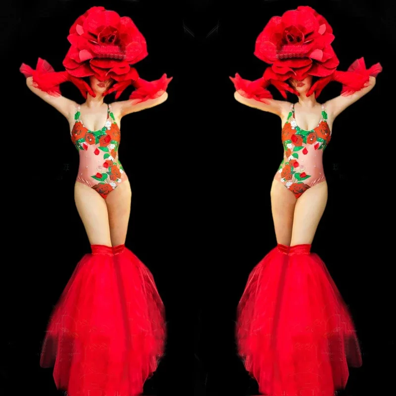레드 빅 플라워 헤드웨어 로즈 폴 댄스 바디 슈트 섹시한 고고 댄서 의상 바 나이트 클럽 Dj Ds 무대 축제 복장 XS6806