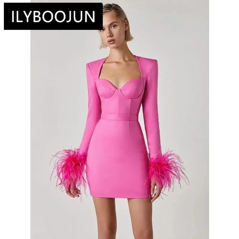 

Women Winter Sexy Long Sleeve Feathers Hot Pink Black Mini Bodycon Bandage Dress 2022 Elegant Evening Party Dress