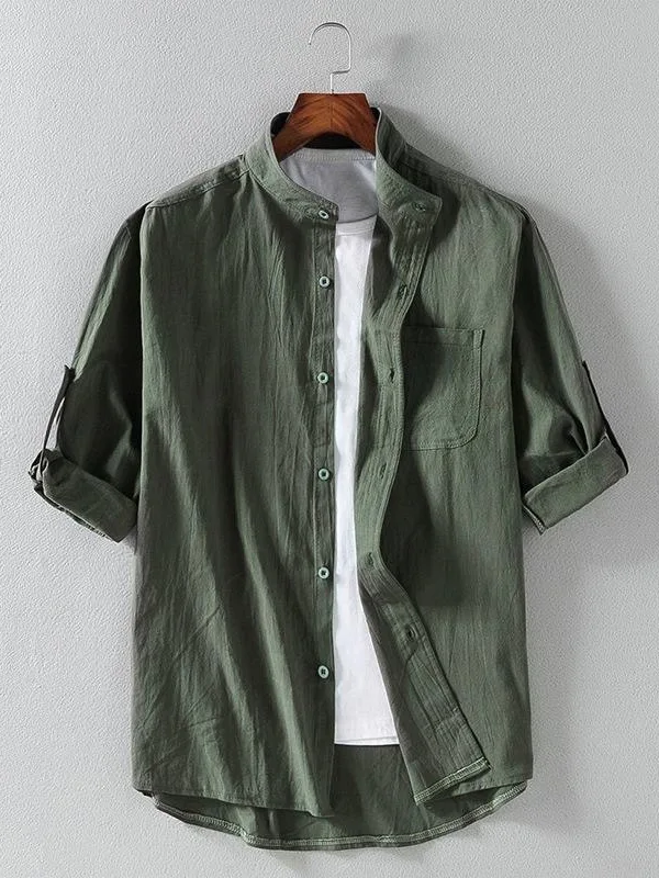 

Trendy Casual Cotton Linen Men's Shirt Loose Fit Short Sleeve Stand Collar Summer New Style Handsome Leisure Top