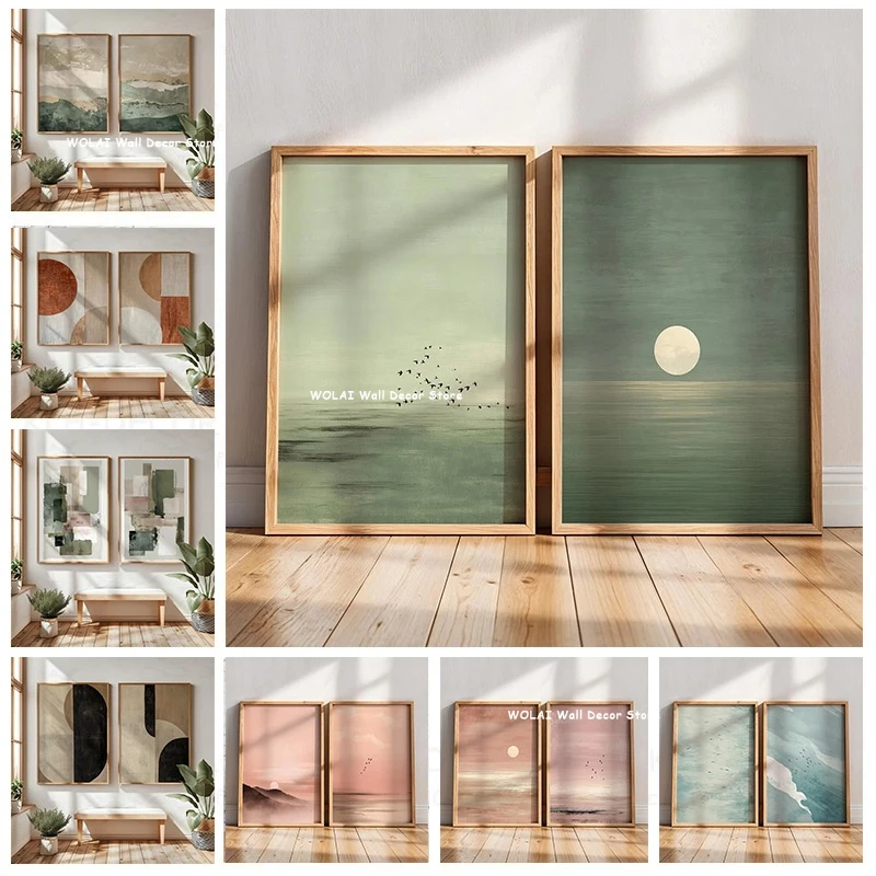 2 teile/satz Japanische Retro Wabisabi Berg Abstrakte Leinwand Druck Abstrakte Grüne Sonnenuntergang Fliegen Kran Wand Kunst Poster Wohnkultur