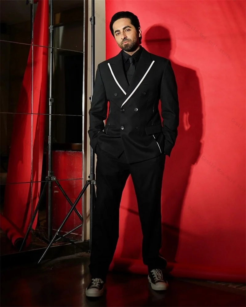 

Black Men Suit Set 2 Pcs Blazer+Pants Trousers White Lapel Cotton Wedding Tuxedo Formal Office Business Jacket Coat Customized