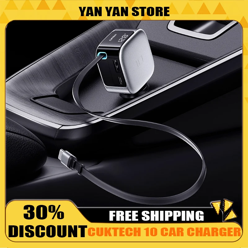 

CUKTECH 10 Super Автомобильное зарядное устройство Многопортовое 100 Вт MAX со светодиодным цифровым дисплеем Автомобильное зарядное устройство Встроенный выдвижной зарядный кабель 70 см PD