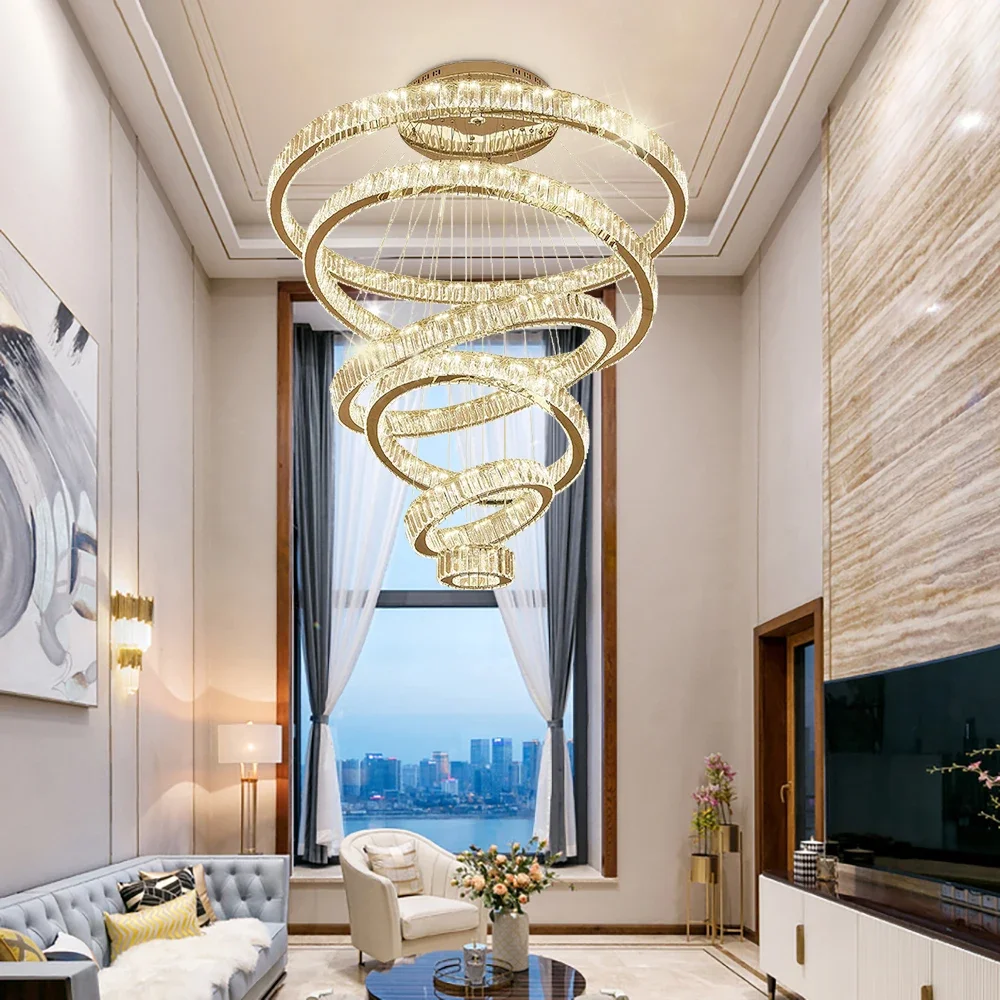 Luxury Crystal Chandelier Large Staircase Rings Design Modern Led Pendant Lamp Long Villa Lobby Living Room Gold Hanging Light