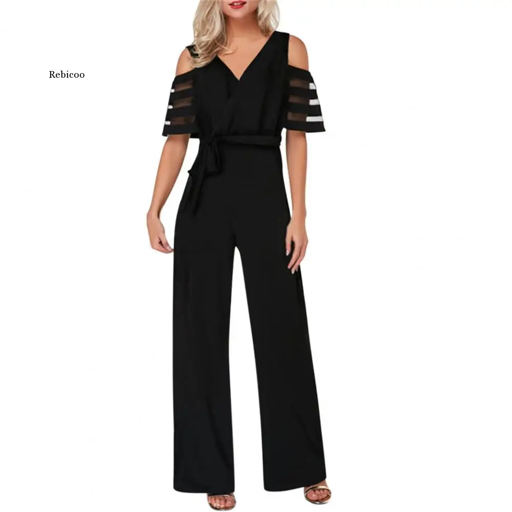 

Office Jumpsuit Women 2022 Elegant Net Yarn Patchwork Summer Off Shoulder Lace-up Jumpsuit Streetwear Romper Overalls Women