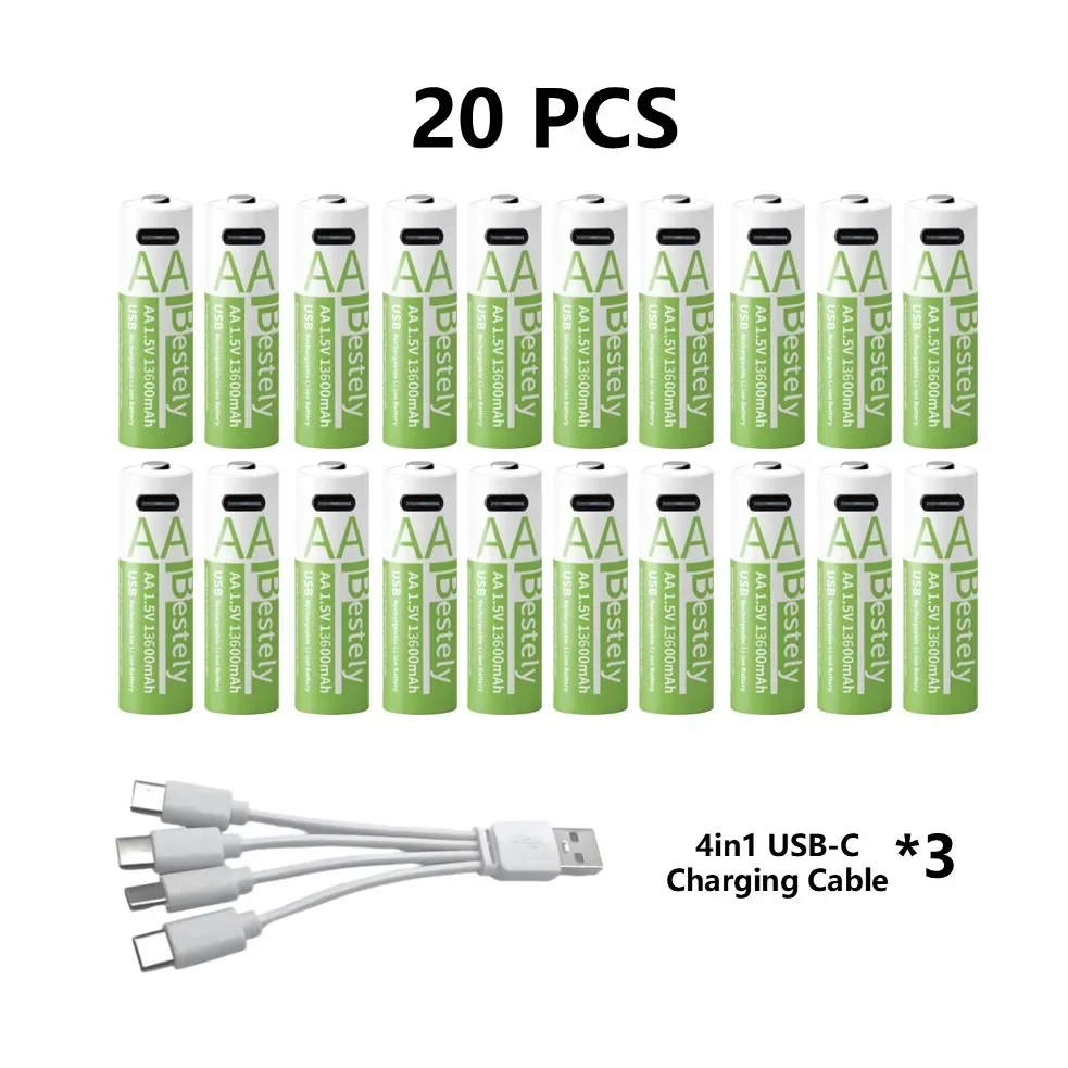 1,5 V 13600 mAh AA-Batterie USB-C wiederaufladbar, Schnelllade-Lithiumbatterie mit kostenlosem Kabel, über 2000 Zyklen für Kameras, Spielzeug, Maus