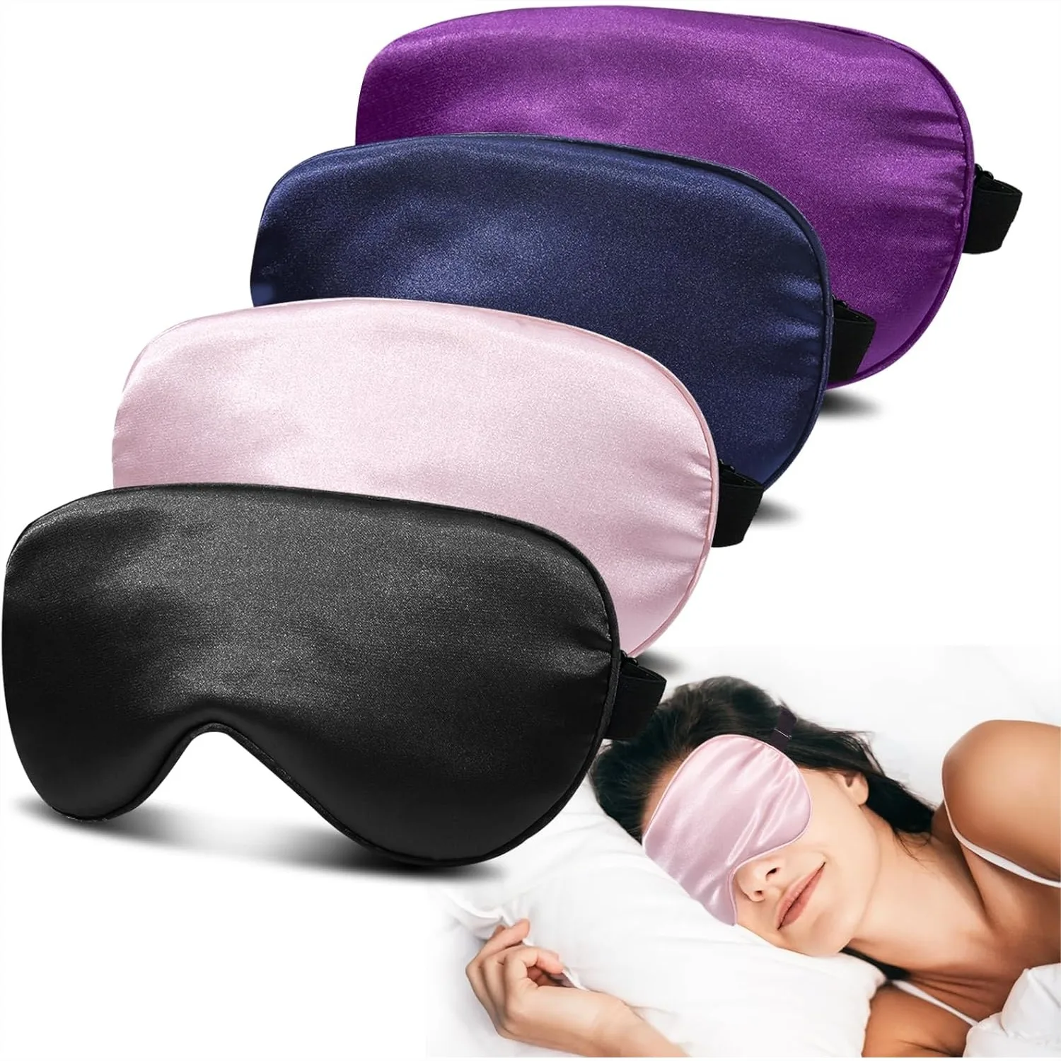 

4 Pack Silk Sleep Mask 100% Blackout Zero Eye Pressure Blindfold With Adjustable Strap Super Soft Travel Eye Covers Black Pink Blue Purple
