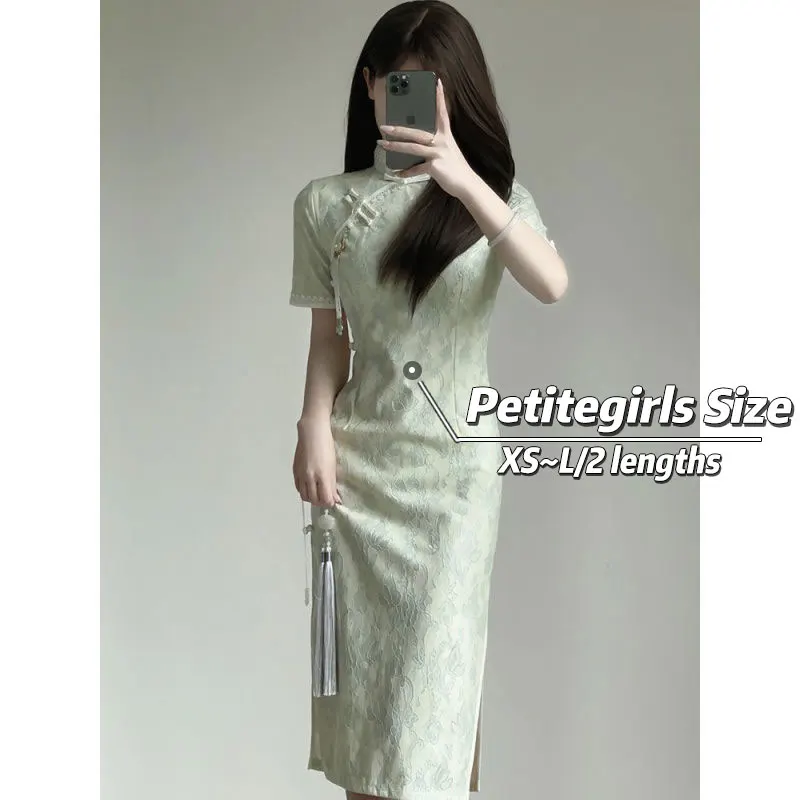 150cm Petite Girls Improved Cheongsam Dress Women Summer High Waist Waist Slim Medium Length  Chinese Style Dress Xs Appear High