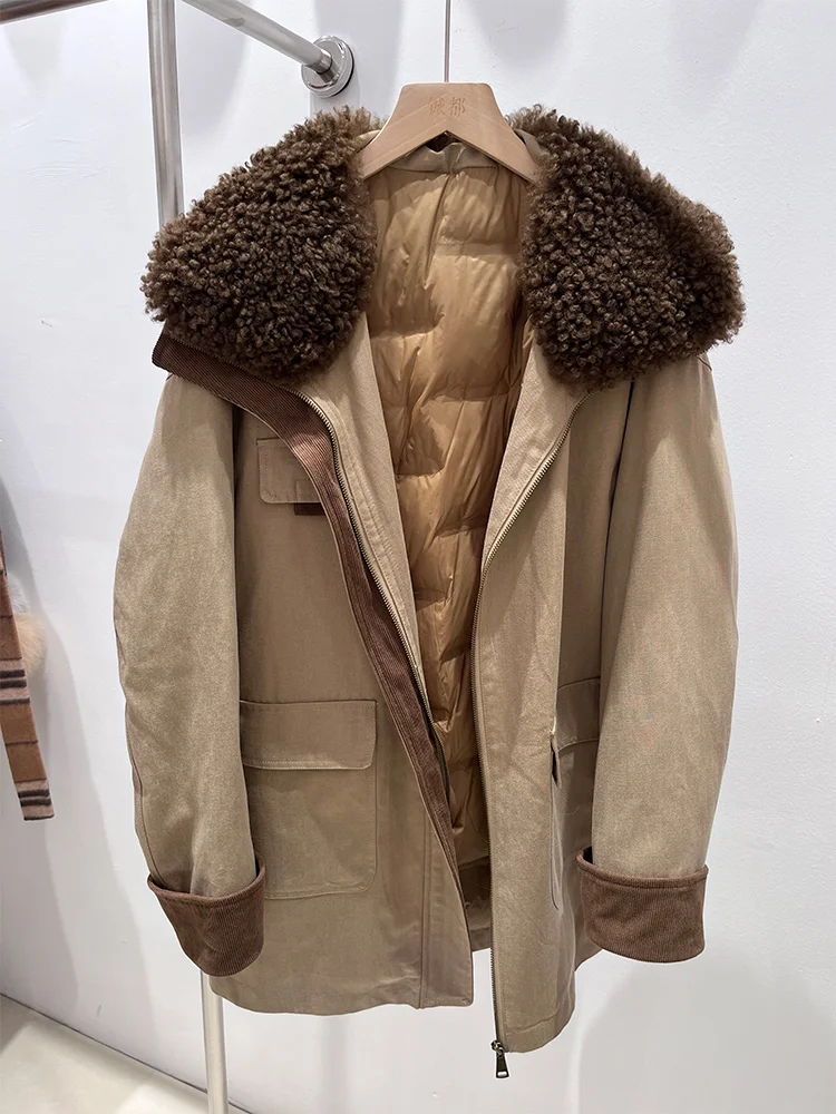 2025 Fashion New Autumn Winter Real Lamb Sheep Fur Collar Coat Women Natural Goose Down Jacket Luxury Casual Puffer Jackets