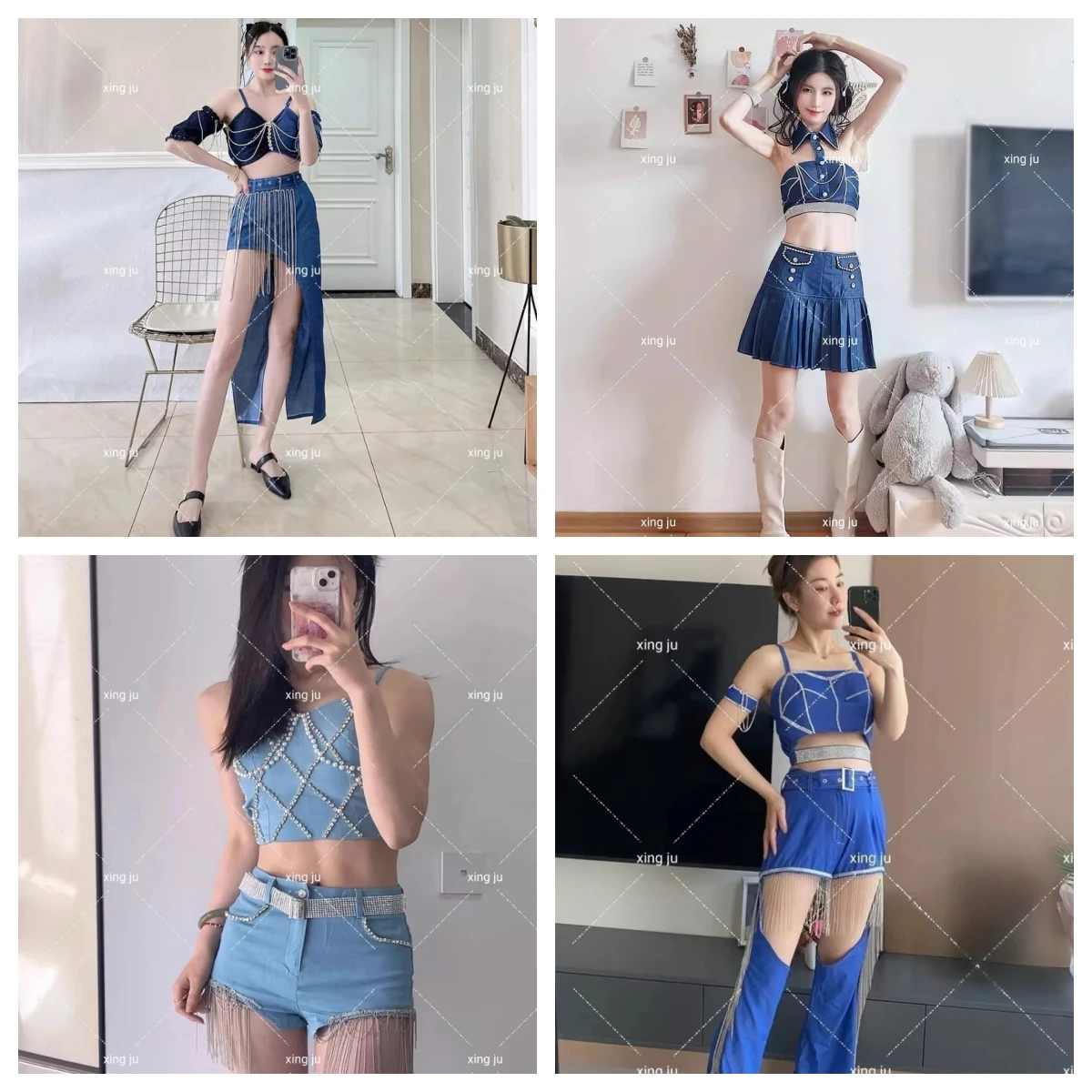 

Xing Ju Korean Women Group Jazz Dance Costume Sexy Denim Short Tops Tassel Pleated Skirt Hip Hop Outfits Nightclub DJ Stage Wear
