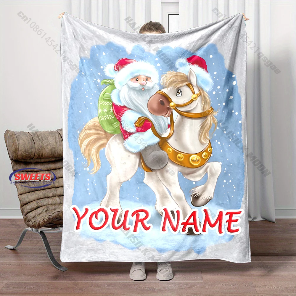 Personalized Name Custom Christmas Blanket Christmas Santa Horse Blanket Soft Skin-Friendly blanket，all seasons, Gift